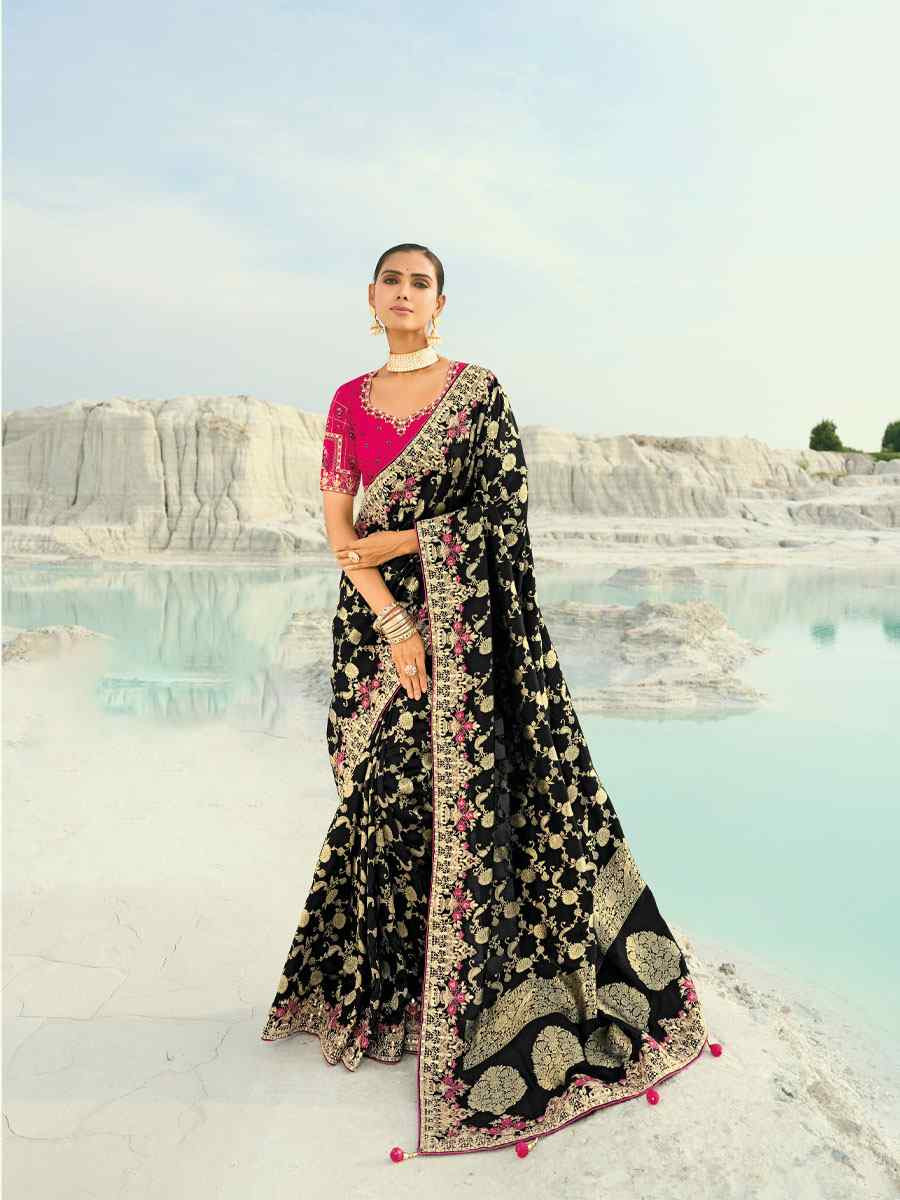 Black Silk Embroidery Traditional Bridal Reception Festival Wedding Fancy Heavy Border Saree
