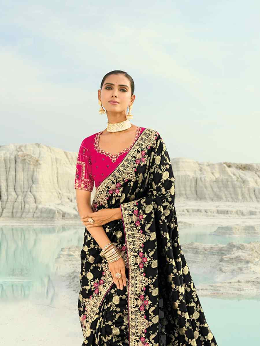 Black Silk Embroidery Traditional Bridal Reception Festival Wedding Fancy Heavy Border Saree
