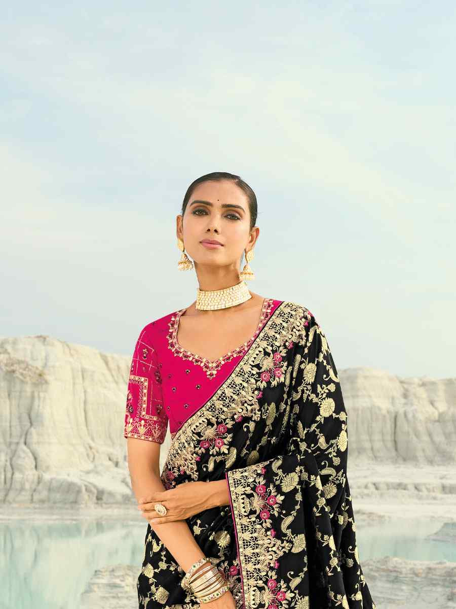 Black Silk Embroidery Traditional Bridal Reception Festival Wedding Fancy Heavy Border Saree