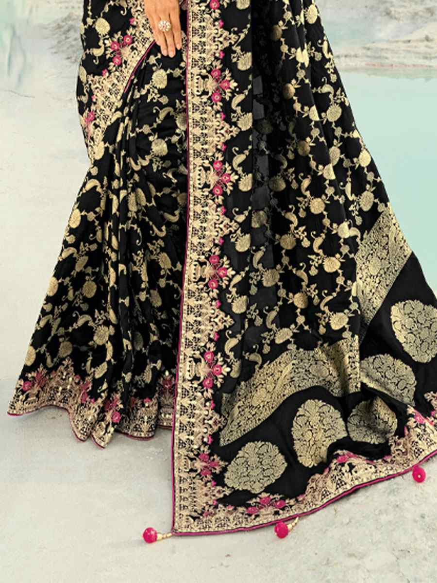 Black Silk Embroidery Traditional Bridal Reception Festival Wedding Fancy Heavy Border Saree