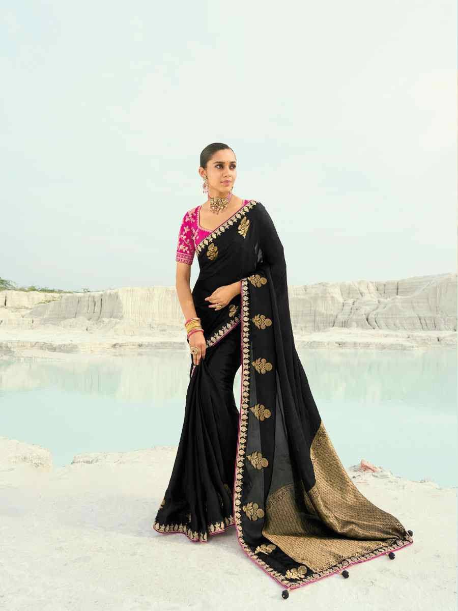 Black Silk Embroidery Traditional Bridal Reception Festival Wedding Fancy Heavy Border Saree