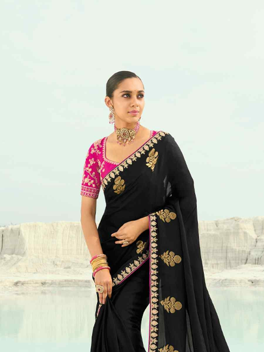 Black Silk Embroidery Traditional Bridal Reception Festival Wedding Fancy Heavy Border Saree