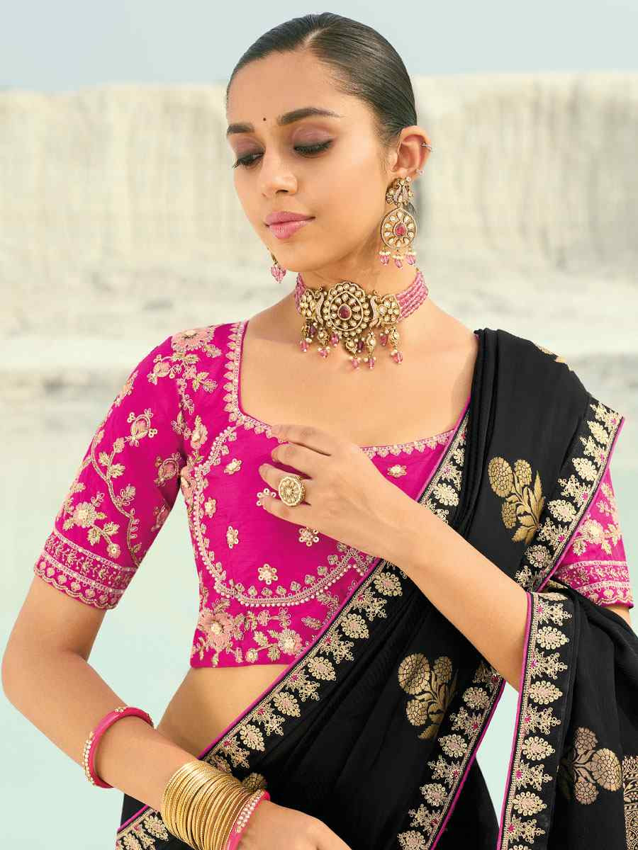 Black Silk Embroidery Traditional Bridal Reception Festival Wedding Fancy Heavy Border Saree