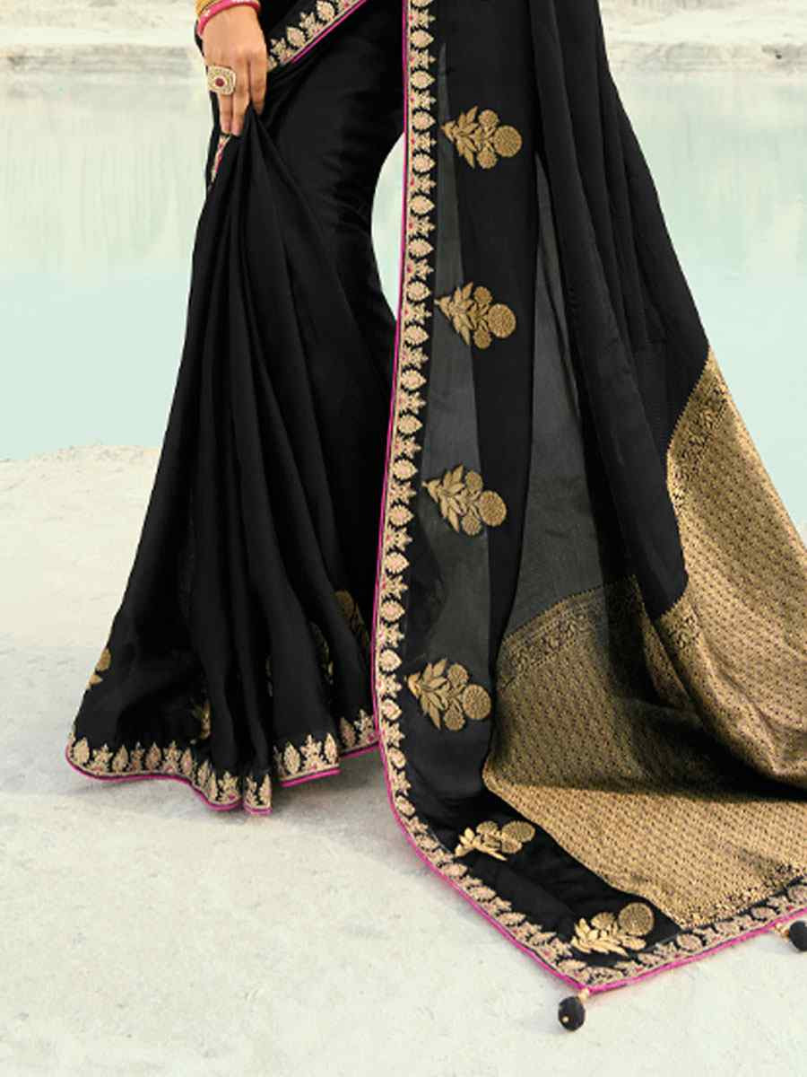 Black Silk Embroidery Traditional Bridal Reception Festival Wedding Fancy Heavy Border Saree