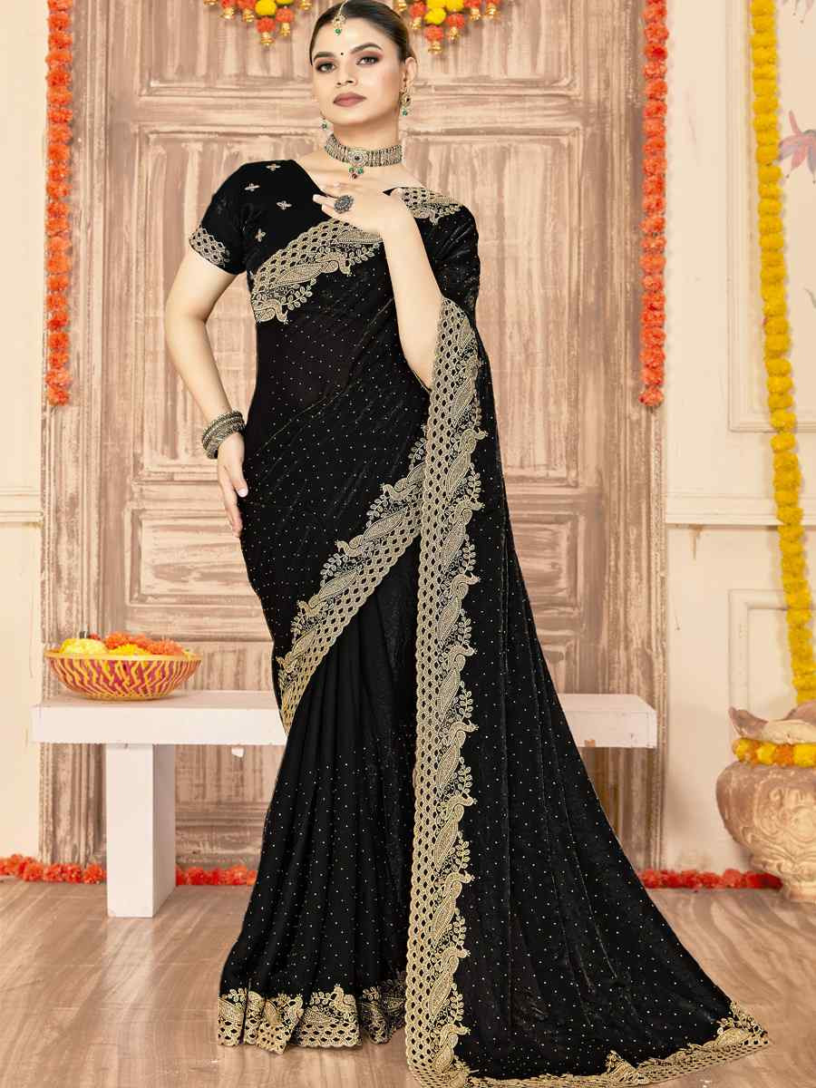 Black Silk Embroidery Traditional Bridal Reception Festival Wedding Fancy Heavy Border Saree