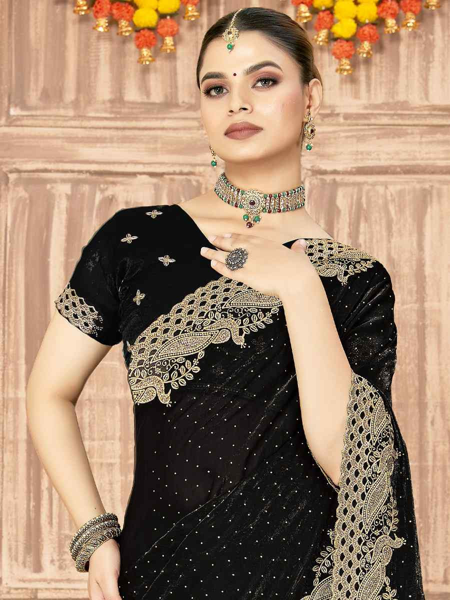 Black Silk Embroidery Traditional Bridal Reception Festival Wedding Fancy Heavy Border Saree