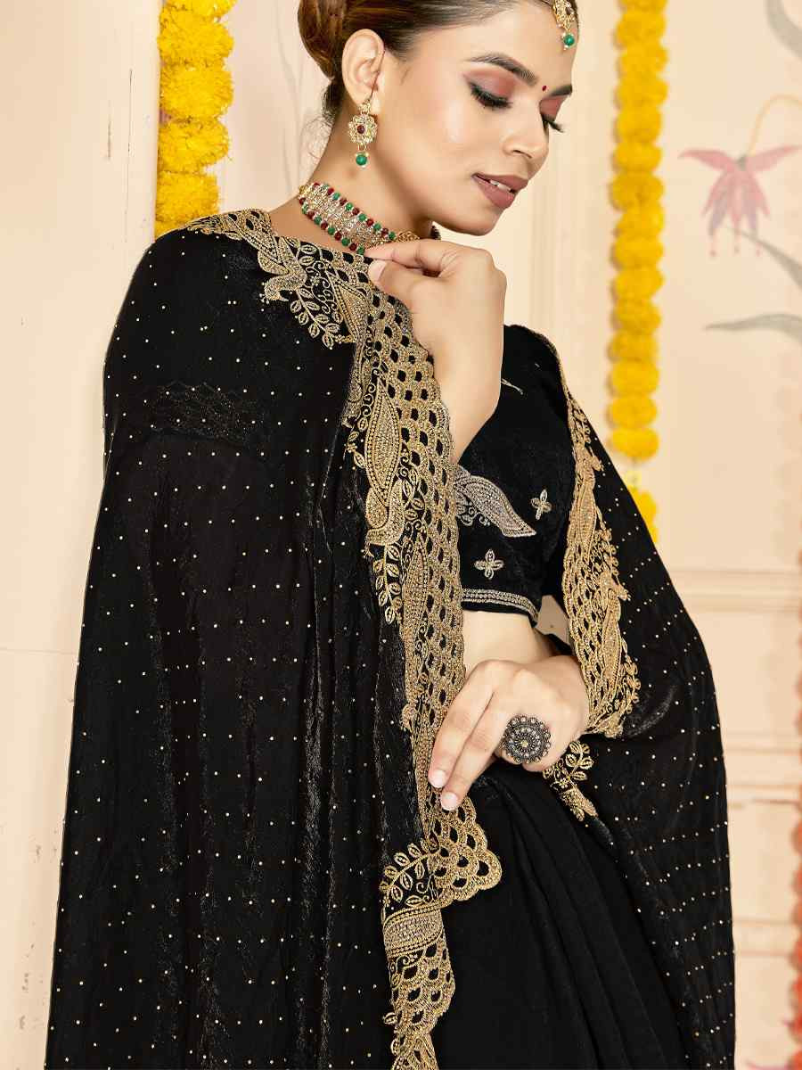 Black Silk Embroidery Traditional Bridal Reception Festival Wedding Fancy Heavy Border Saree