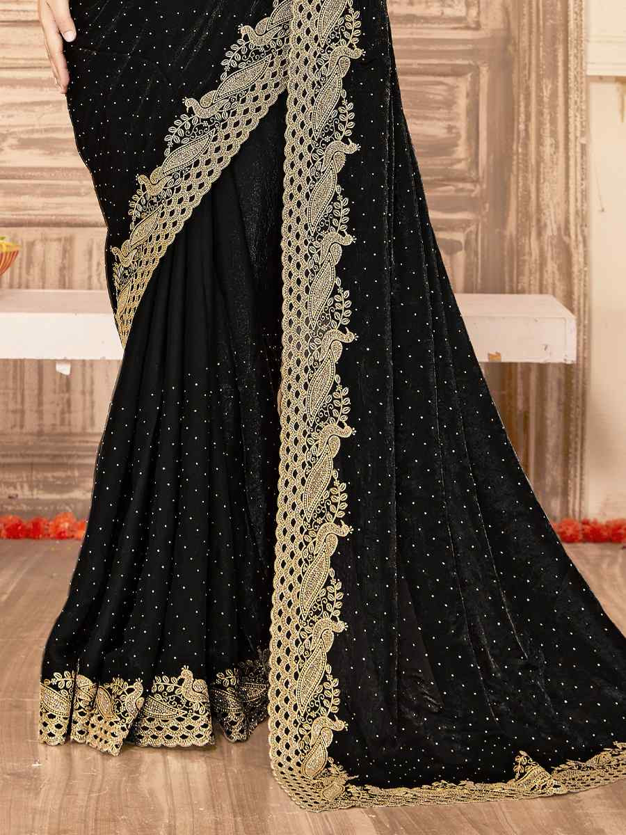 Black Silk Embroidery Traditional Bridal Reception Festival Wedding Fancy Heavy Border Saree