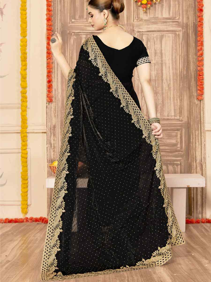 Black Silk Embroidery Traditional Bridal Reception Festival Wedding Fancy Heavy Border Saree