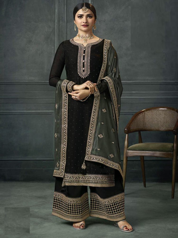 Black Silk Georgette Embroidered Festival Wedding Palazzo Pant Bollywood Style Salwar Kameez