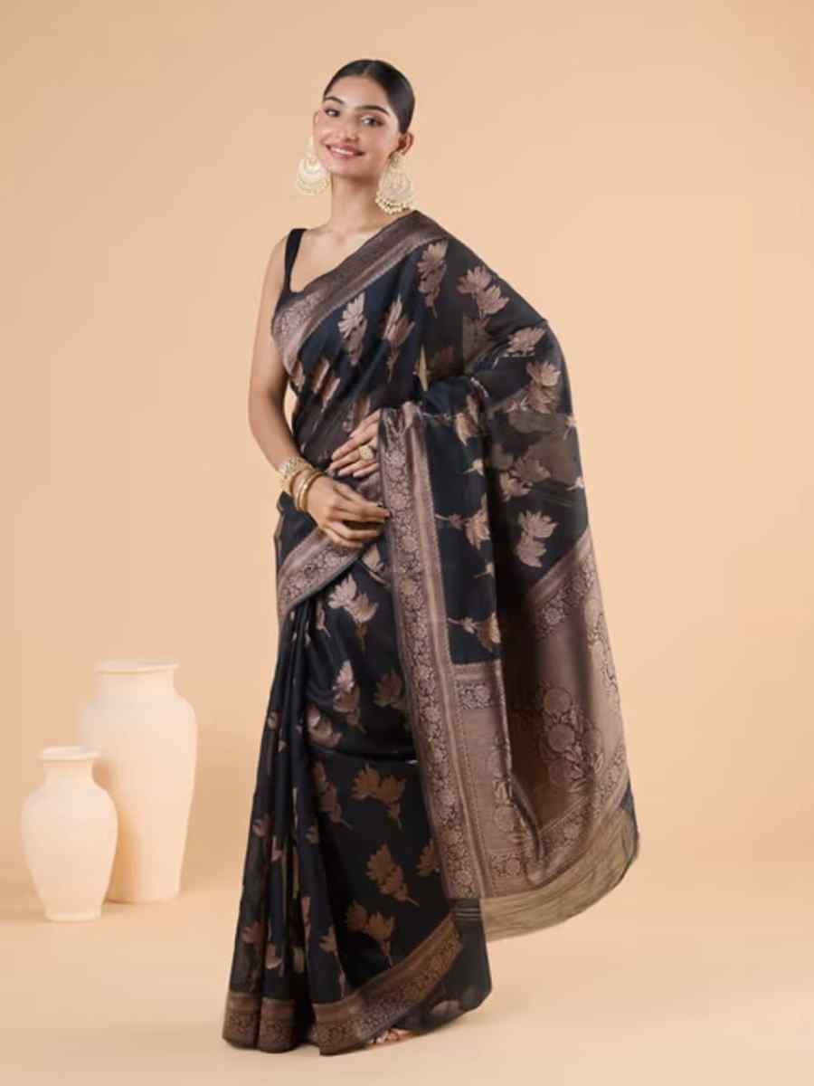 Black Silk Handwoven Festival Wedding Fancy Heavy Border Saree