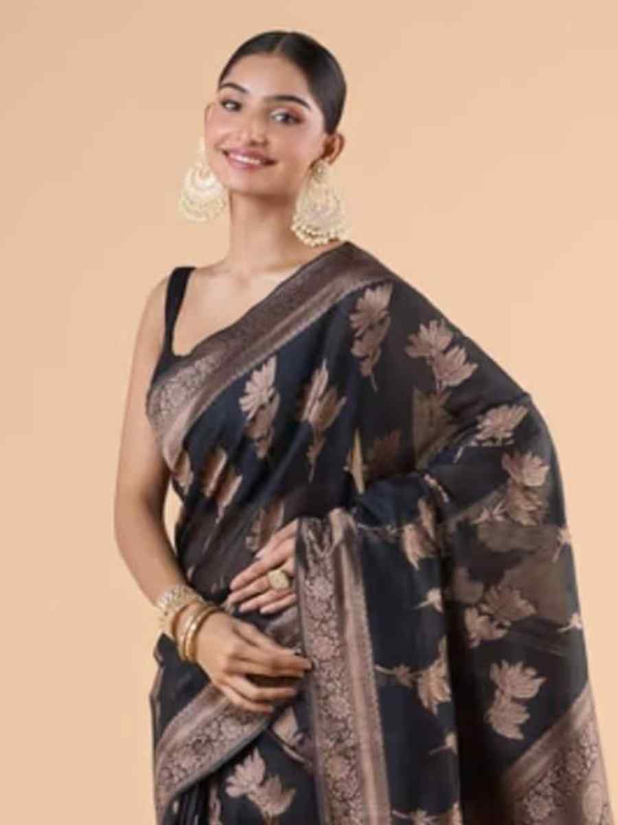 Black Silk Handwoven Festival Wedding Fancy Heavy Border Saree
