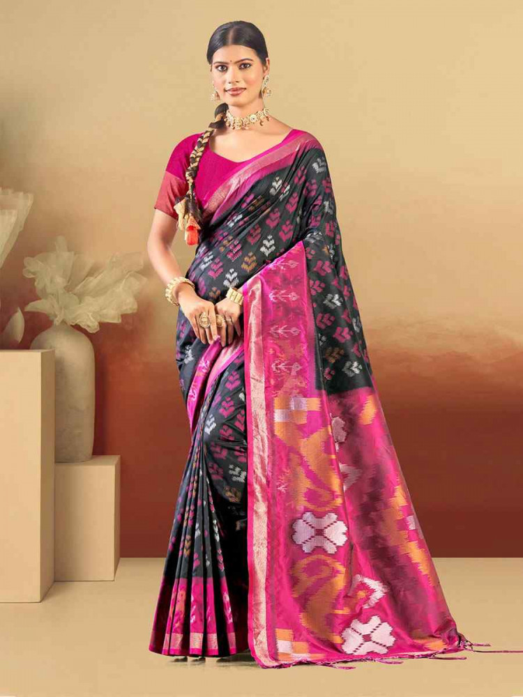 Image of Black Silk Handwoven Festival Wedding Fancy Heavy Border Saree