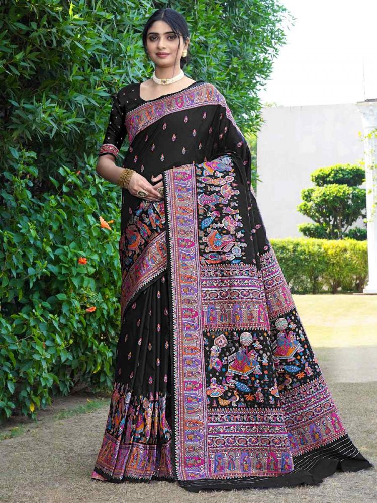 Black Silk Handwoven Wedding Festival Heavy Border Saree