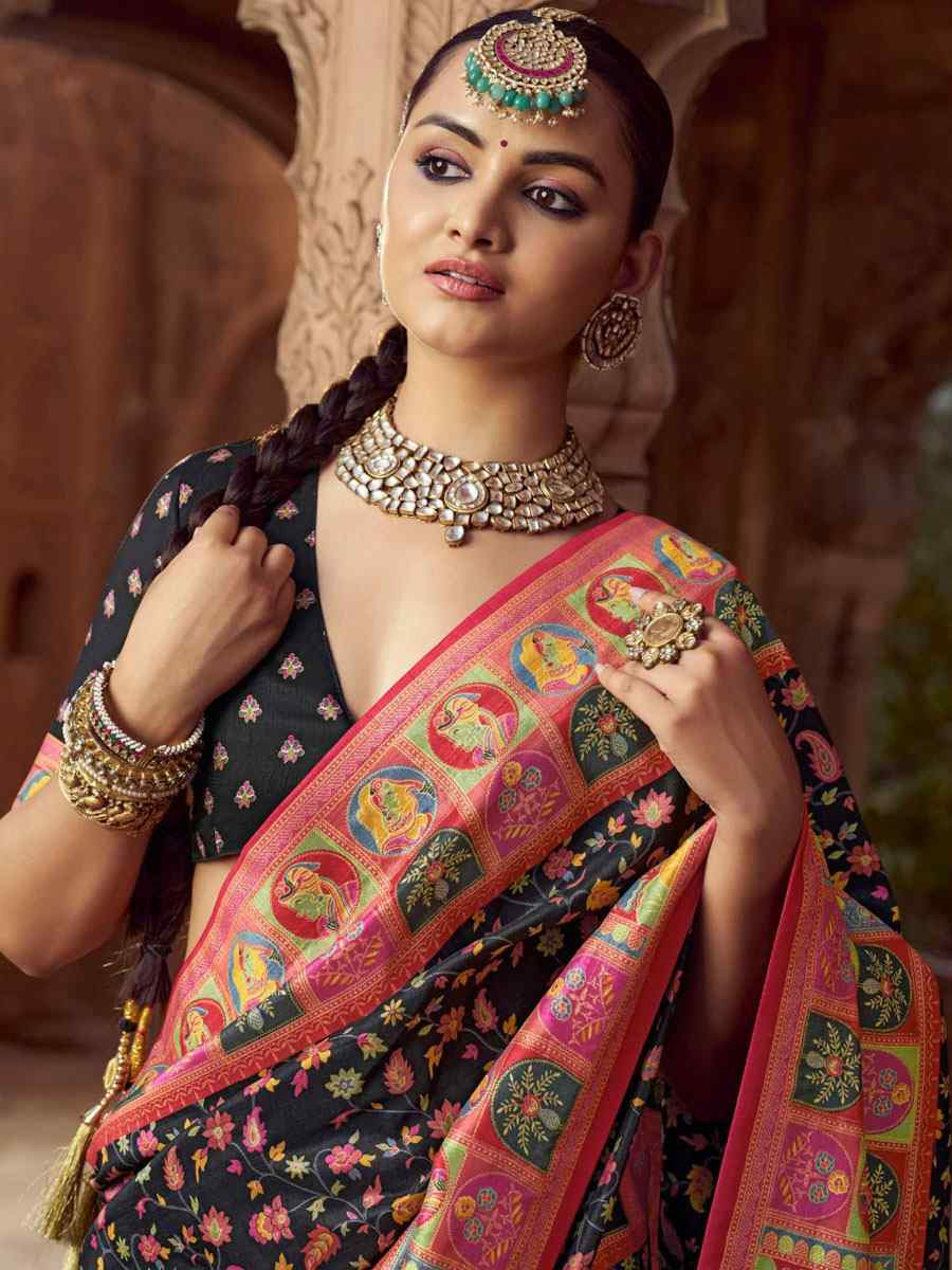 Black Silk Kalamkari Printed Festival Wedding Fancy Heavy Border Saree