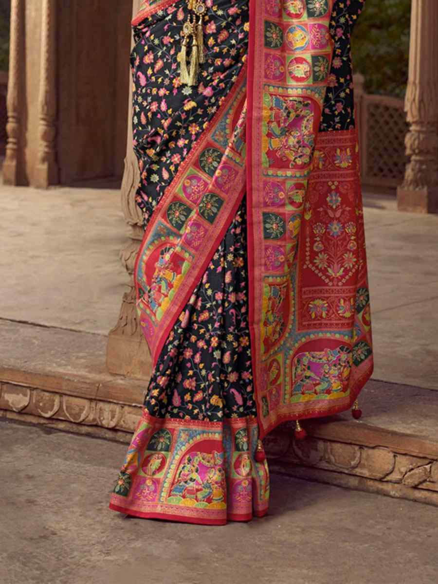 Black Silk Kalamkari Printed Festival Wedding Fancy Heavy Border Saree