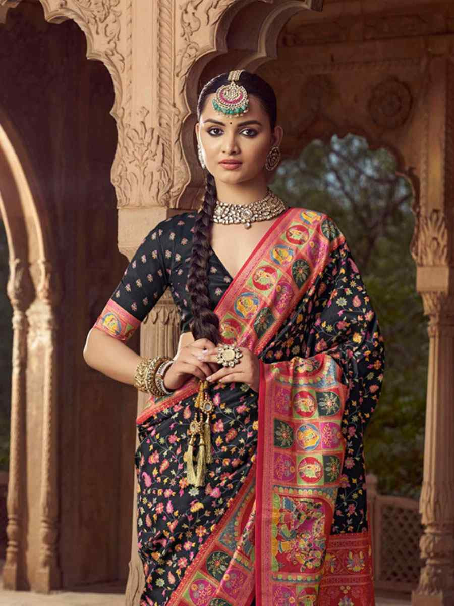 Black Silk Kalamkari Printed Festival Wedding Fancy Heavy Border Saree