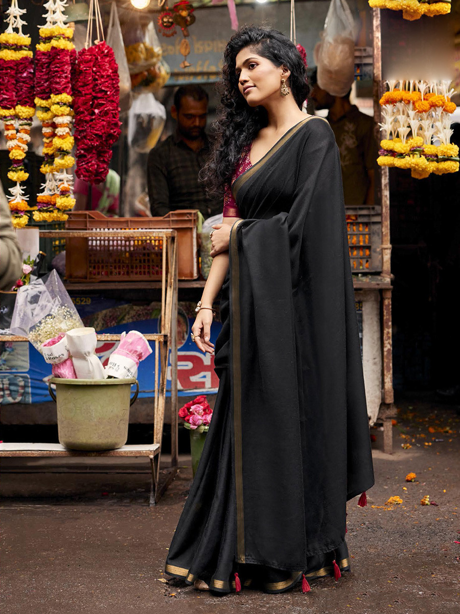 Black Silk Plain Casual Party Festival Wedding Fancy Classic Style Sarees