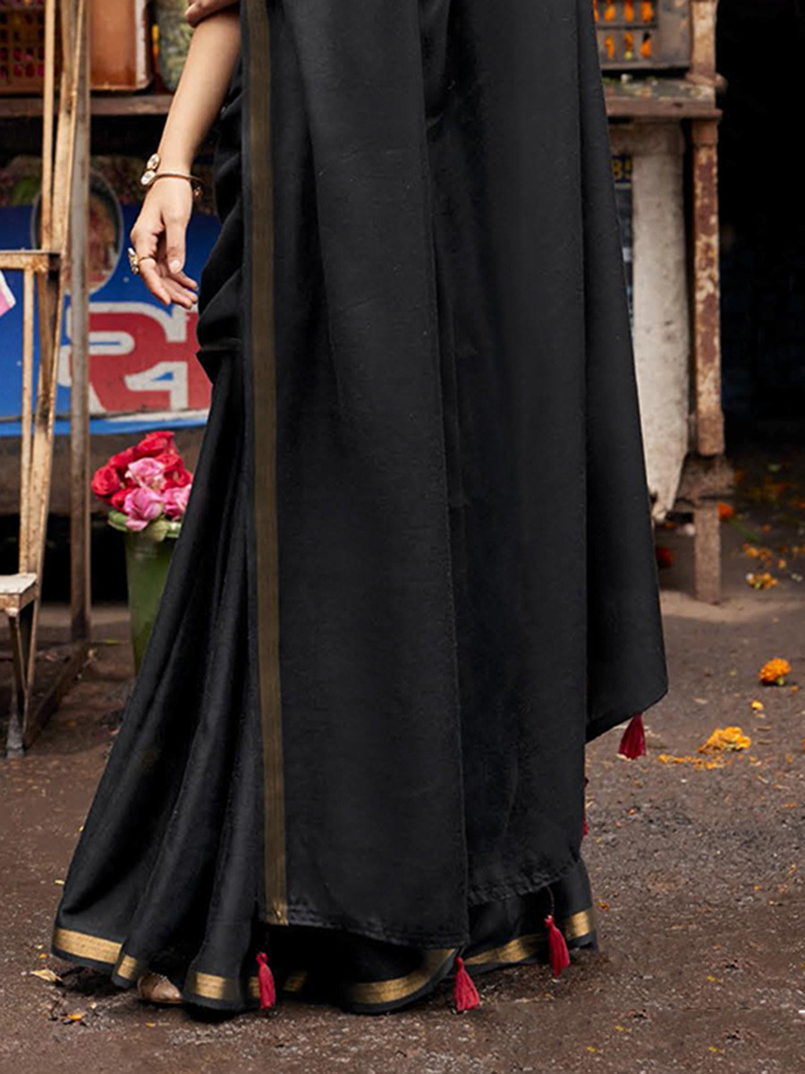 Black Silk Plain Casual Party Festival Wedding Fancy Classic Style Sarees