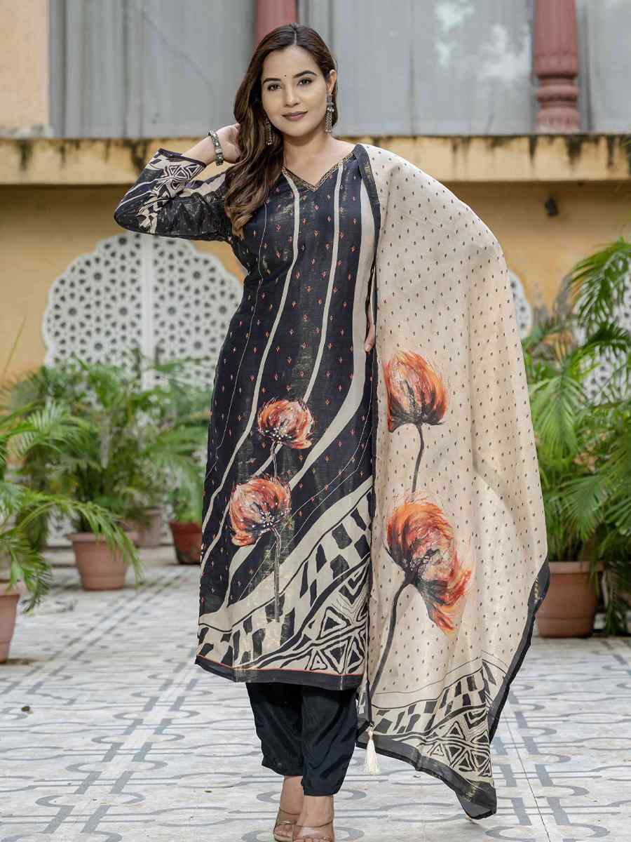 Black Silk Printed Embroidery Party Wedding Festival Casual Ready Pant Salwar Kameez