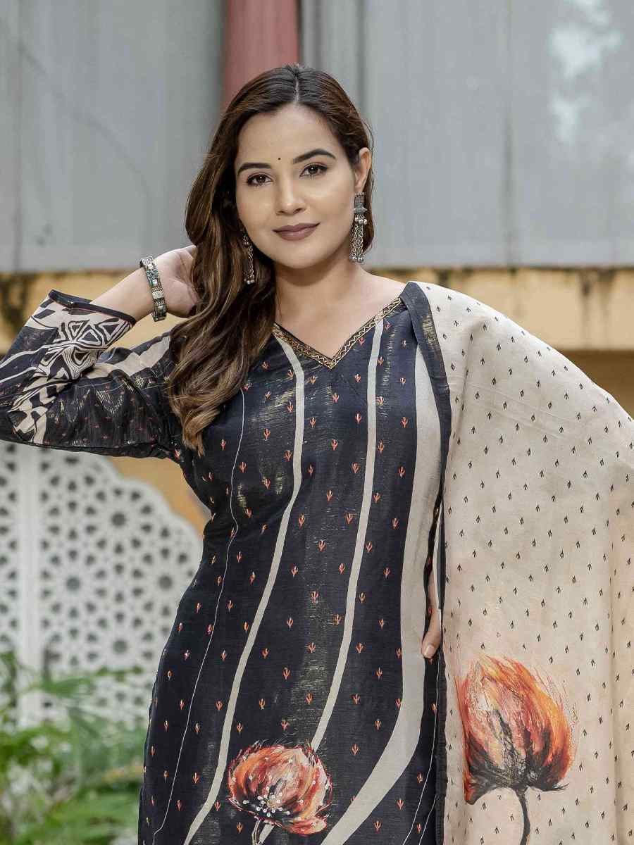 Black Silk Printed Embroidery Party Wedding Festival Casual Ready Pant Salwar Kameez
