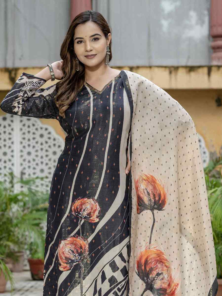 Black Silk Printed Embroidery Party Wedding Festival Casual Ready Pant Salwar Kameez