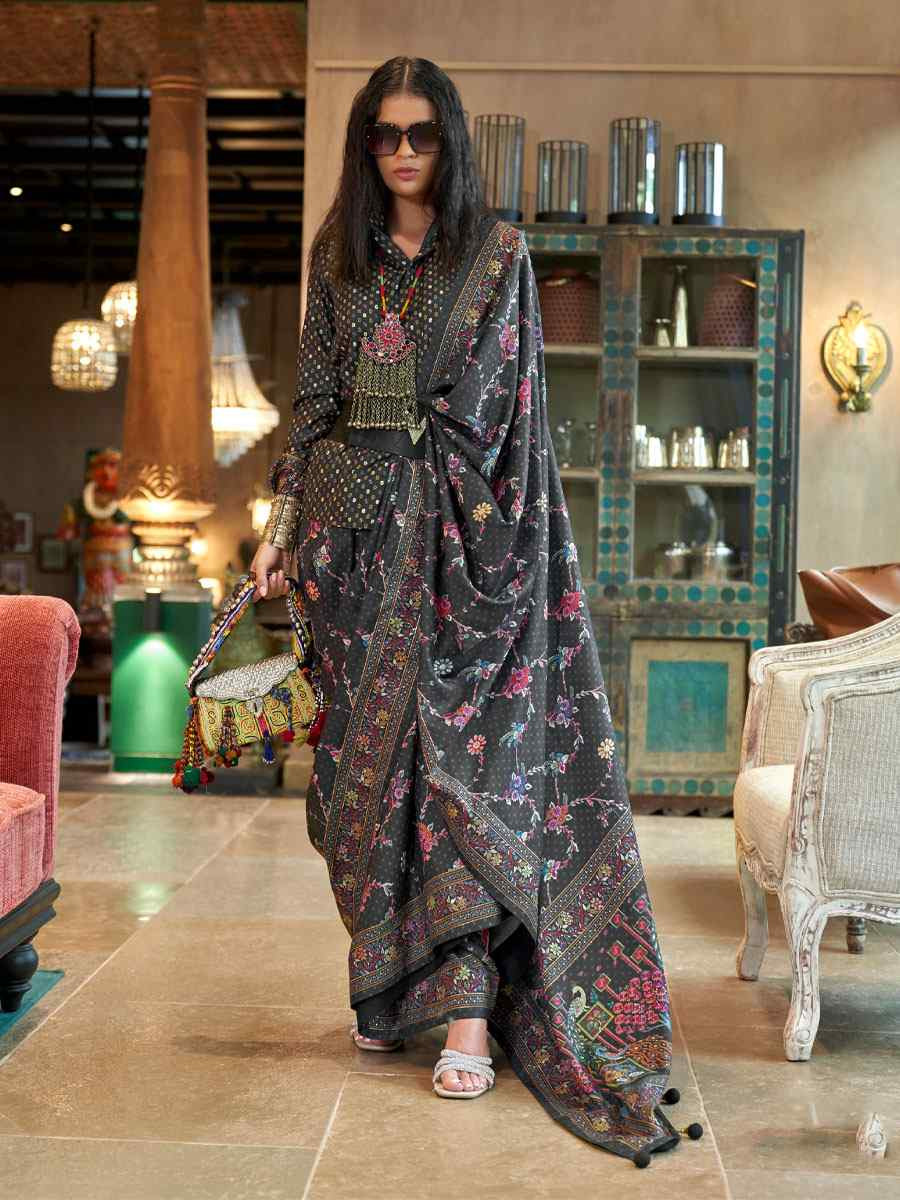 Black Silk Printed Festival Casual Wedding Cocktail Party Fancy Classic Heavy Border Saree
