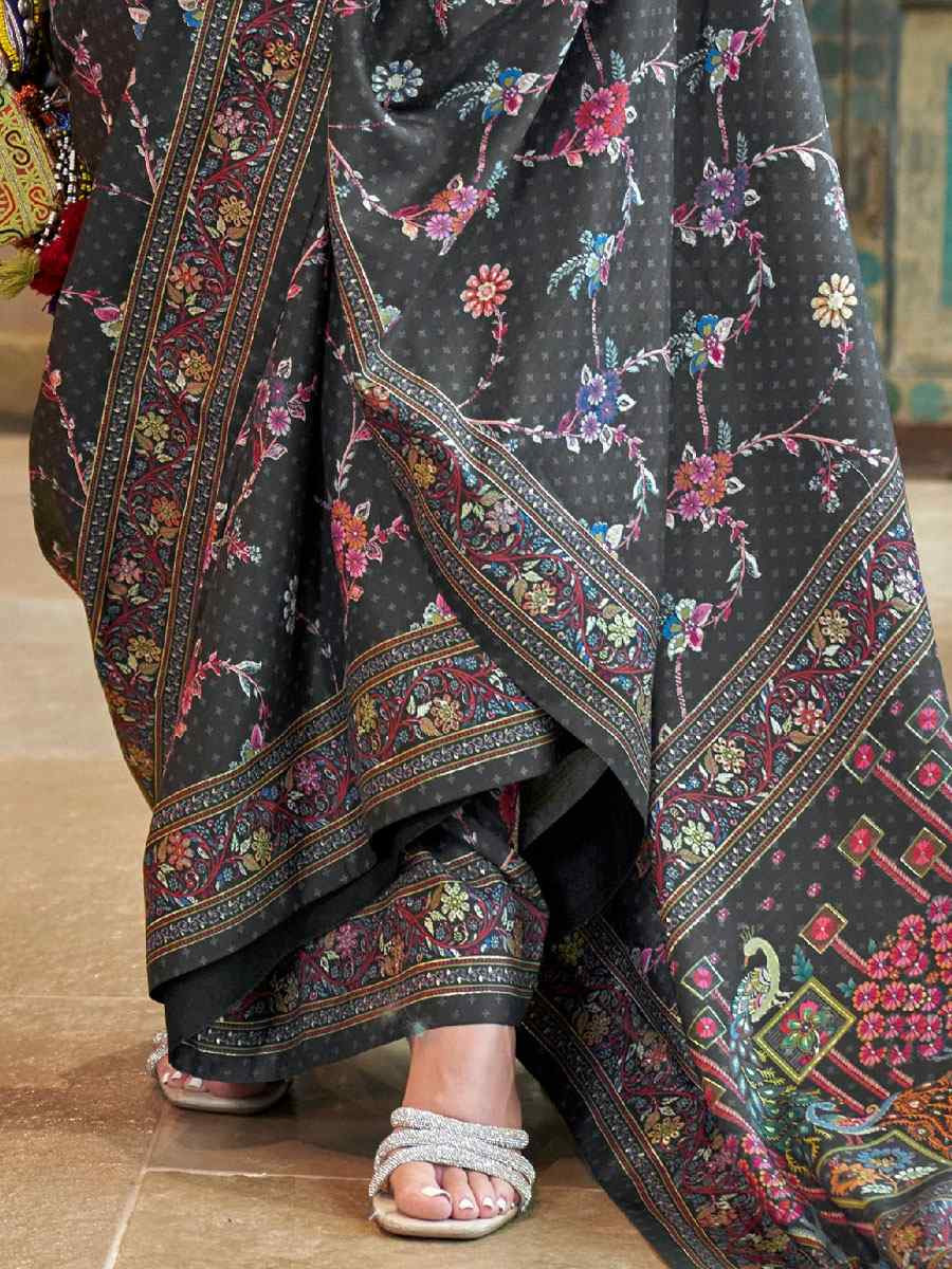 Black Silk Printed Festival Casual Wedding Cocktail Party Fancy Classic Heavy Border Saree