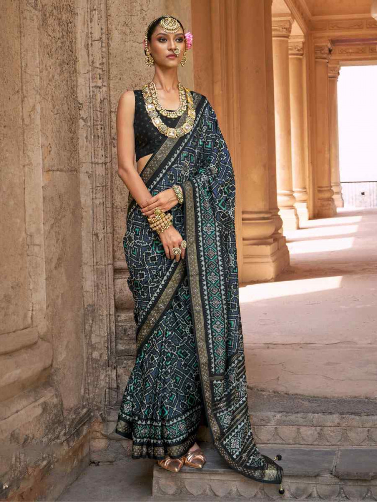 Image of Black Silk Printed Festival Casual Wedding Cocktail Party Fancy Classic Heavy Border Saree