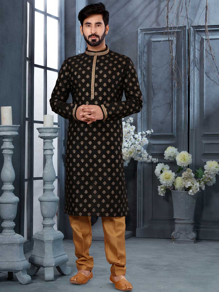 Black Silk Printed Festival Kurta Set