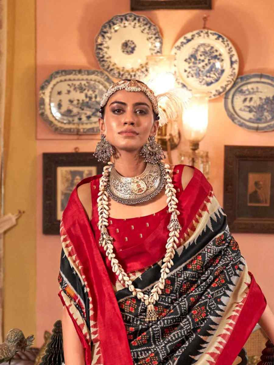 Black Silk Printed Festival Wedding Fancy Heavy Border Saree