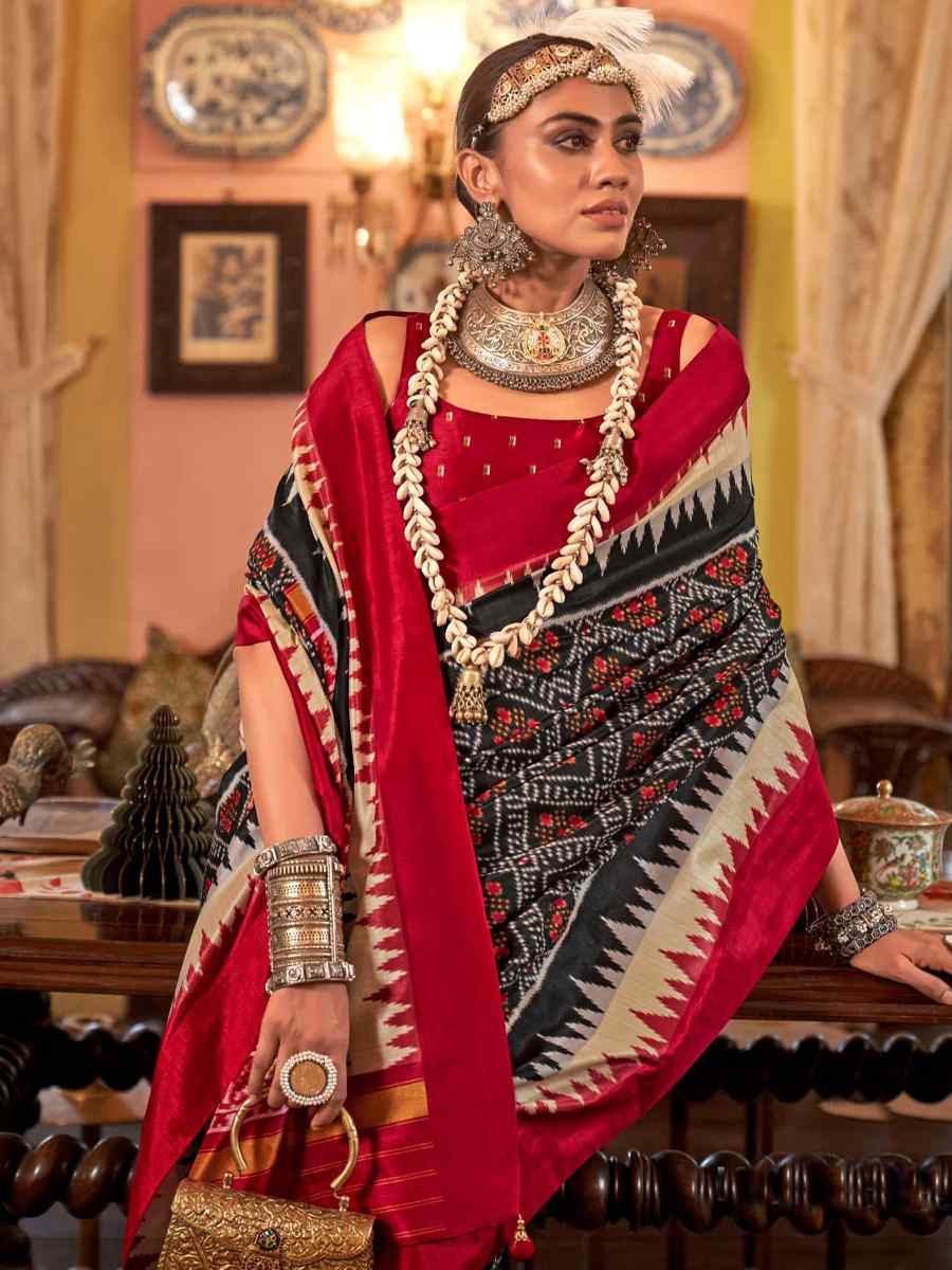 Black Silk Printed Festival Wedding Fancy Heavy Border Saree