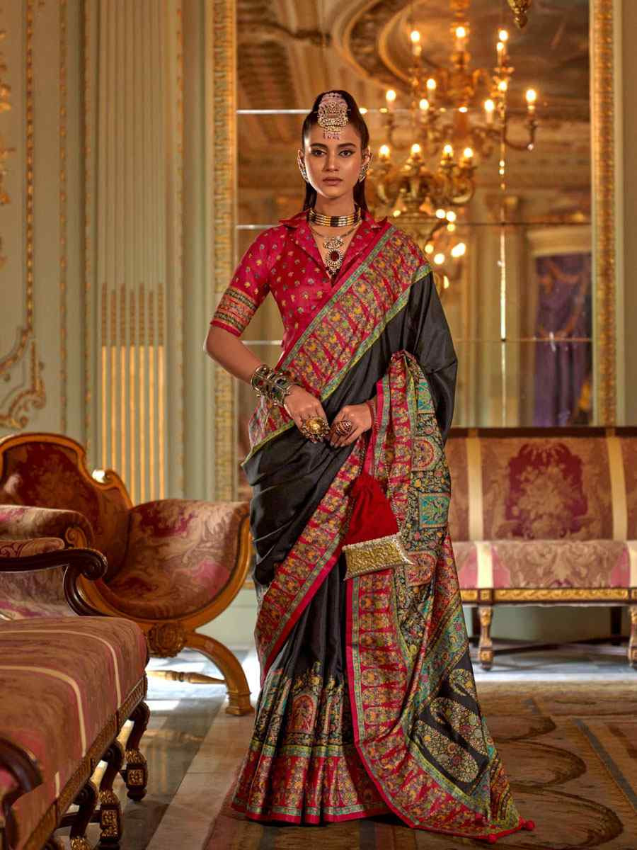 Black Silk Printed Festival Wedding Fancy Heavy Border Saree