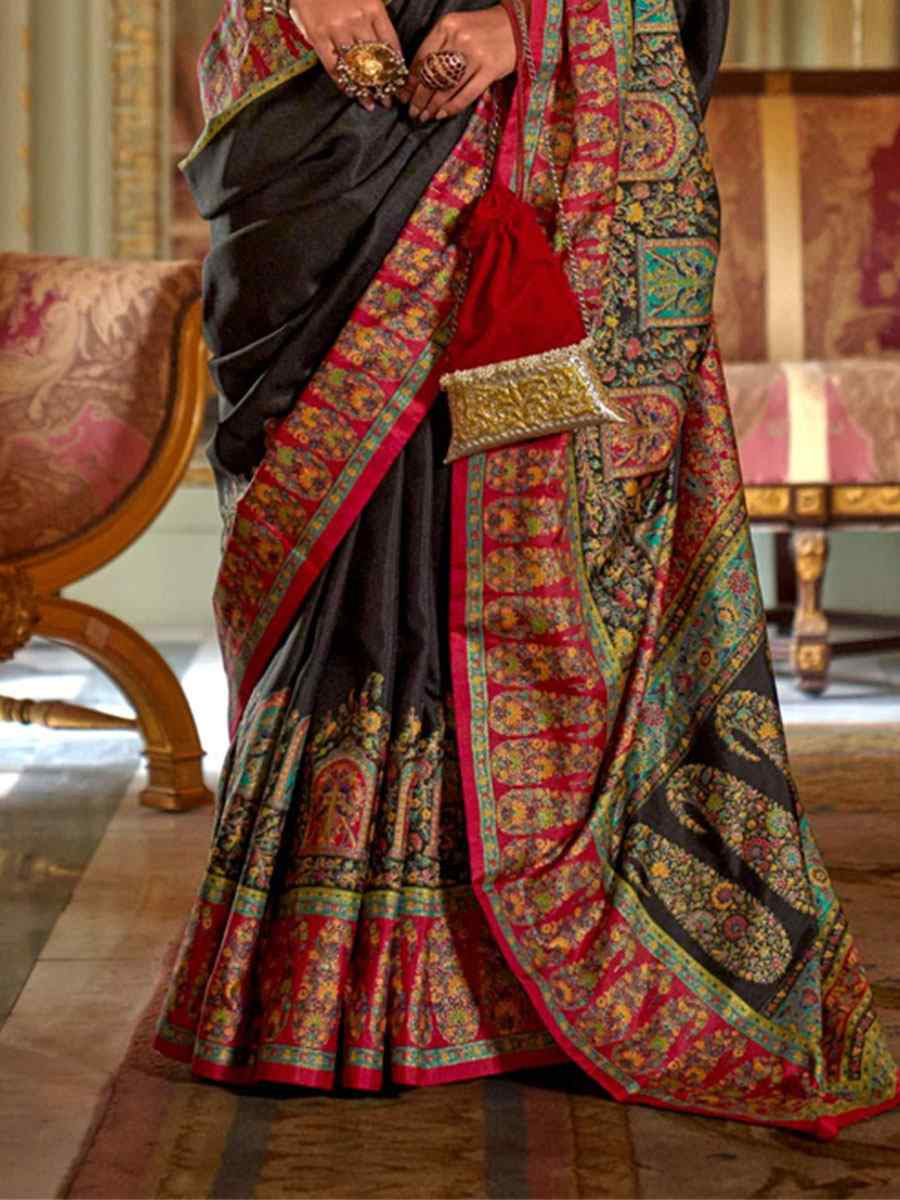 Black Silk Printed Festival Wedding Fancy Heavy Border Saree