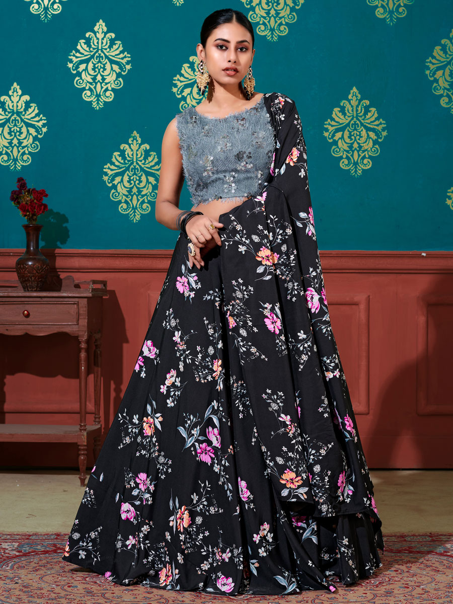 Black Silk Printed Party Lehenga Choli