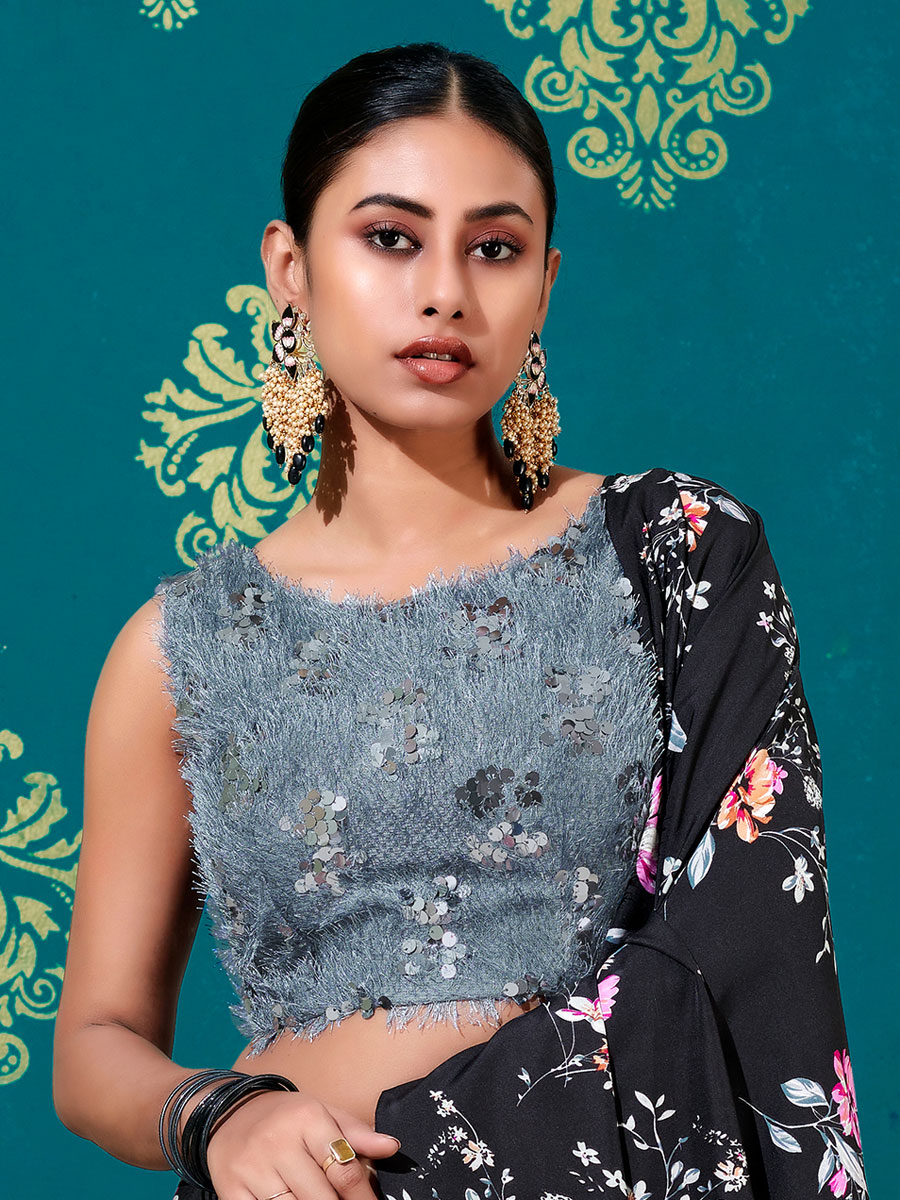 Black Silk Printed Party Lehenga Choli