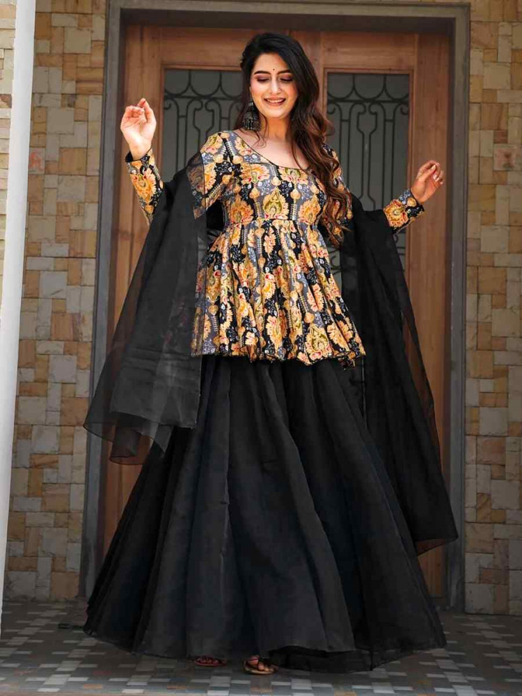 Image of Black Silk Printed Party Wedding Festival Casual Ready Palazzo Pant Salwar Kameez