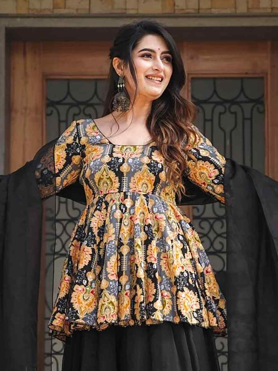 Black Silk Printed Party Wedding Festival Casual Ready Palazzo Pant Salwar Kameez