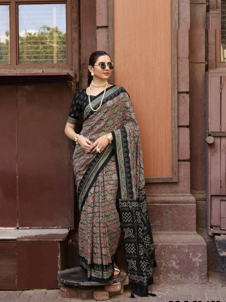Image of Black Silk Printed Wedding Reception Party Festival Casual Heavy Border Sarees