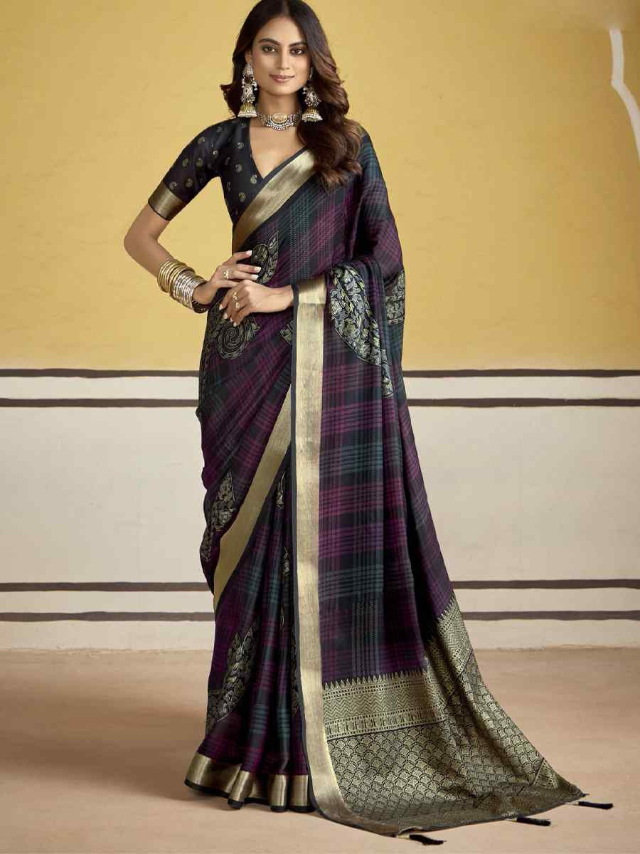 Black Silk Printed with Handwoven Festival Wedding Fancy Heavy Border Saree