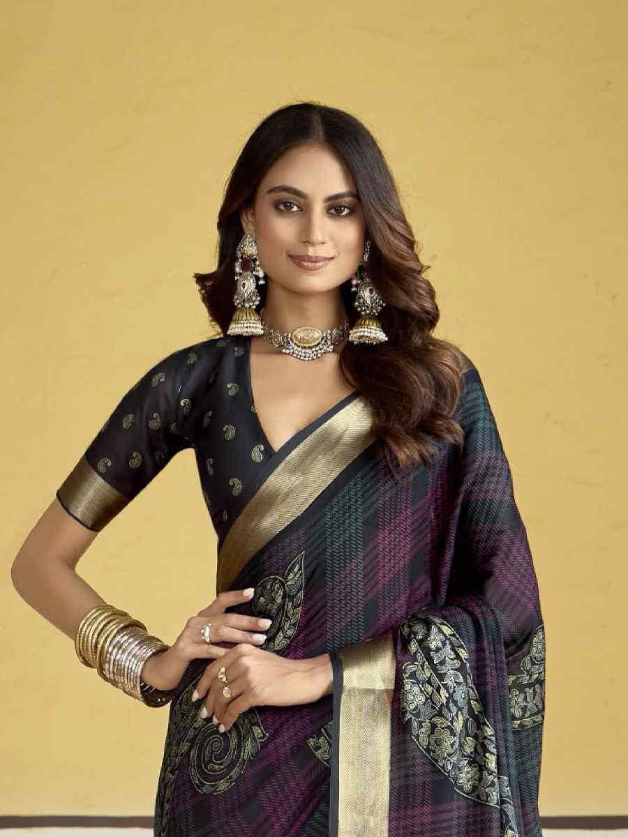 Black Silk Printed with Handwoven Festival Wedding Fancy Heavy Border Saree