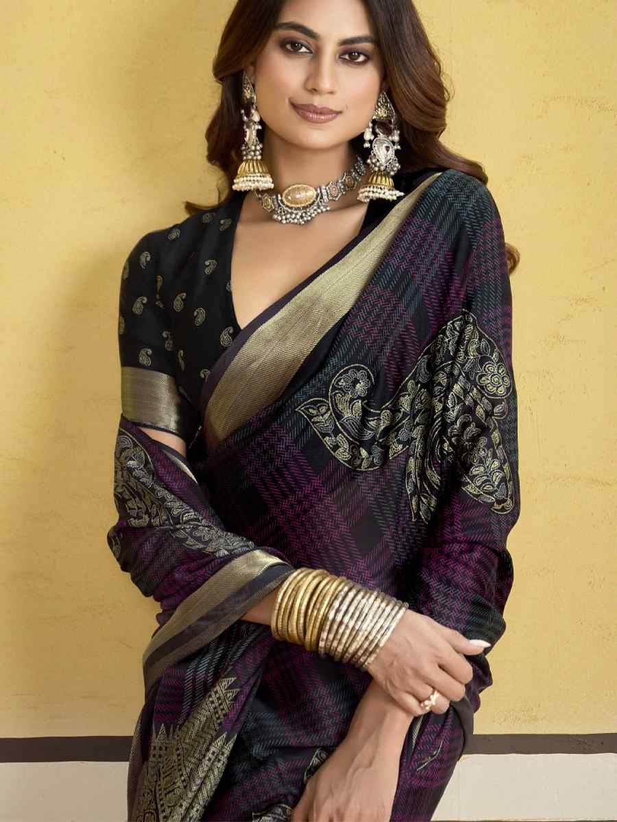 Black Silk Printed with Handwoven Festival Wedding Fancy Heavy Border Saree