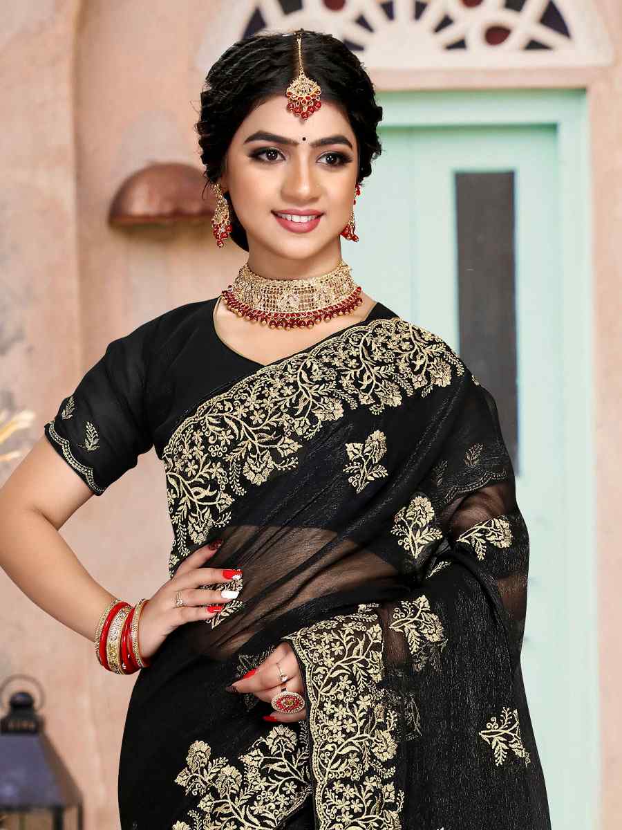 Black Silk Simmer Embroidered Wedding Festival Heavy Border Saree