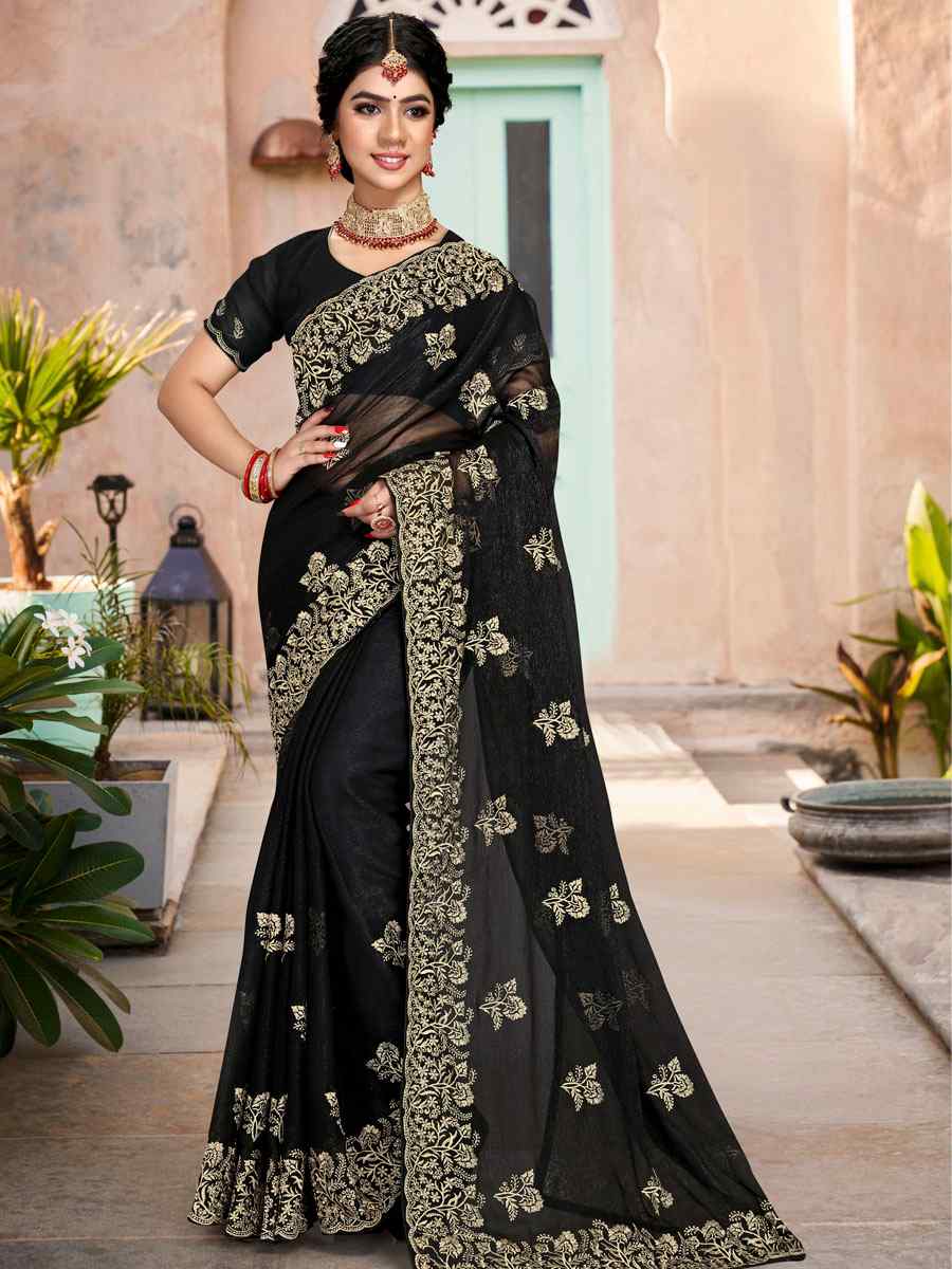 Black Silk Simmer Embroidered Wedding Festival Heavy Border Saree