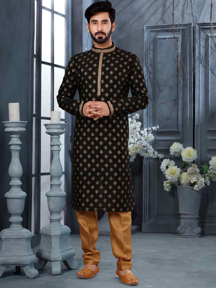 Black Silk Woven Festival Party Kurta