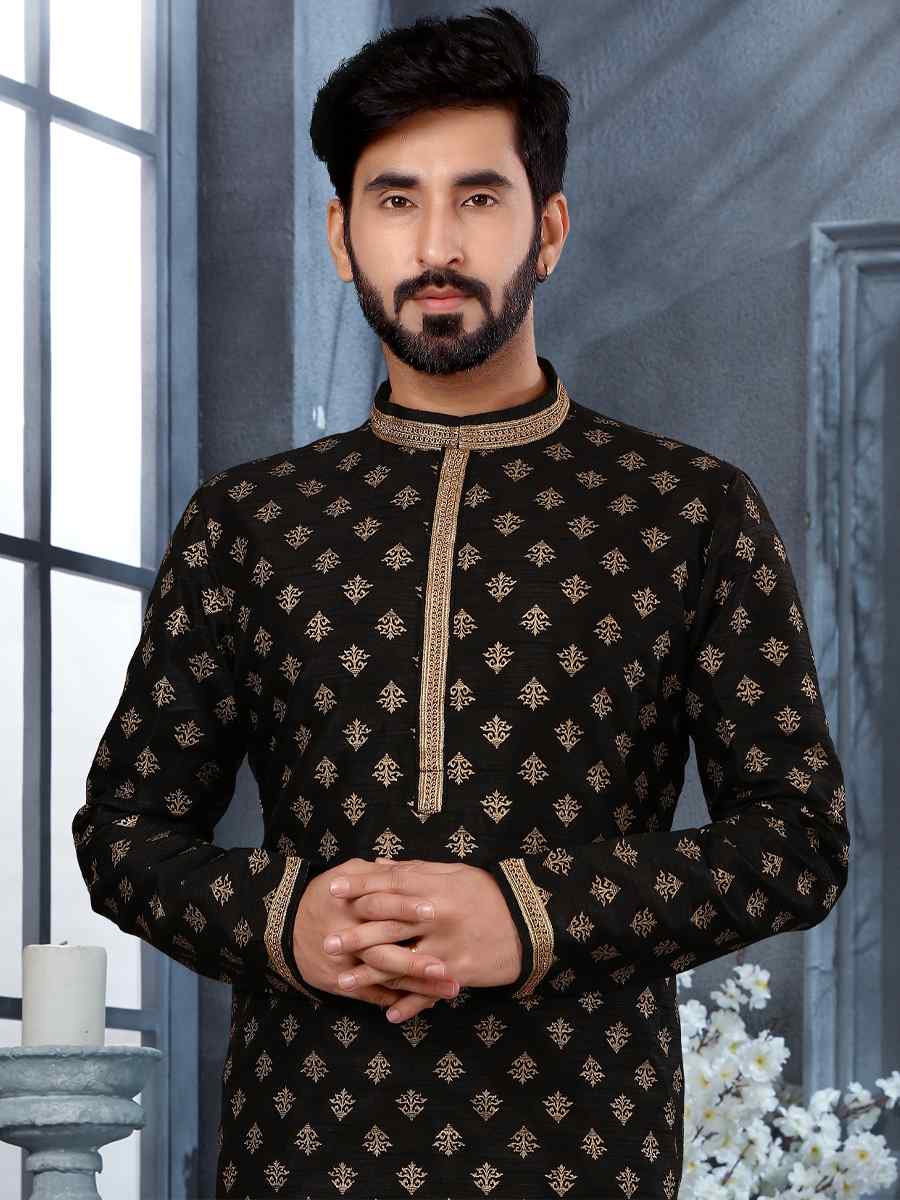 Black Silk Woven Festival Party Kurta