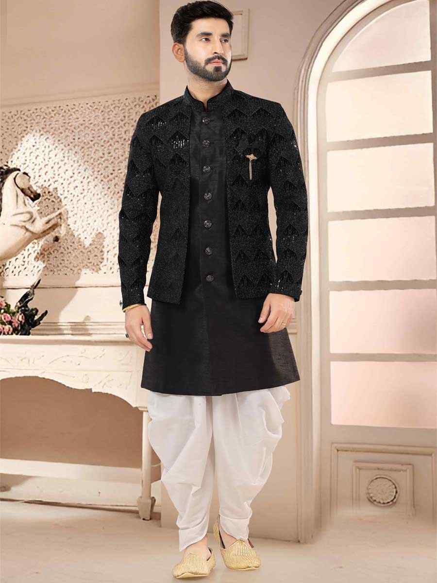 Black Silk Woven Festival Wedding Kurta
