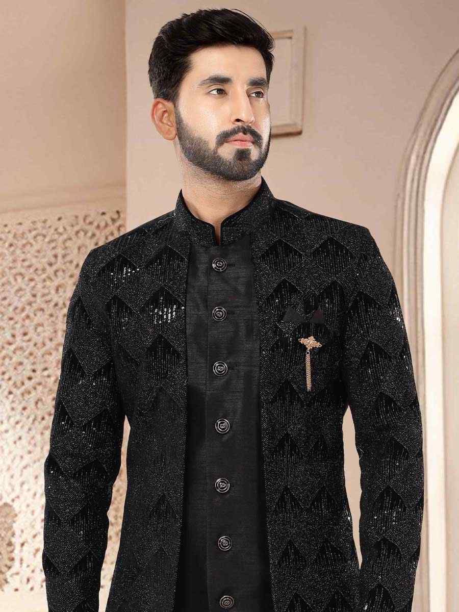 Black Silk Woven Festival Wedding Kurta
