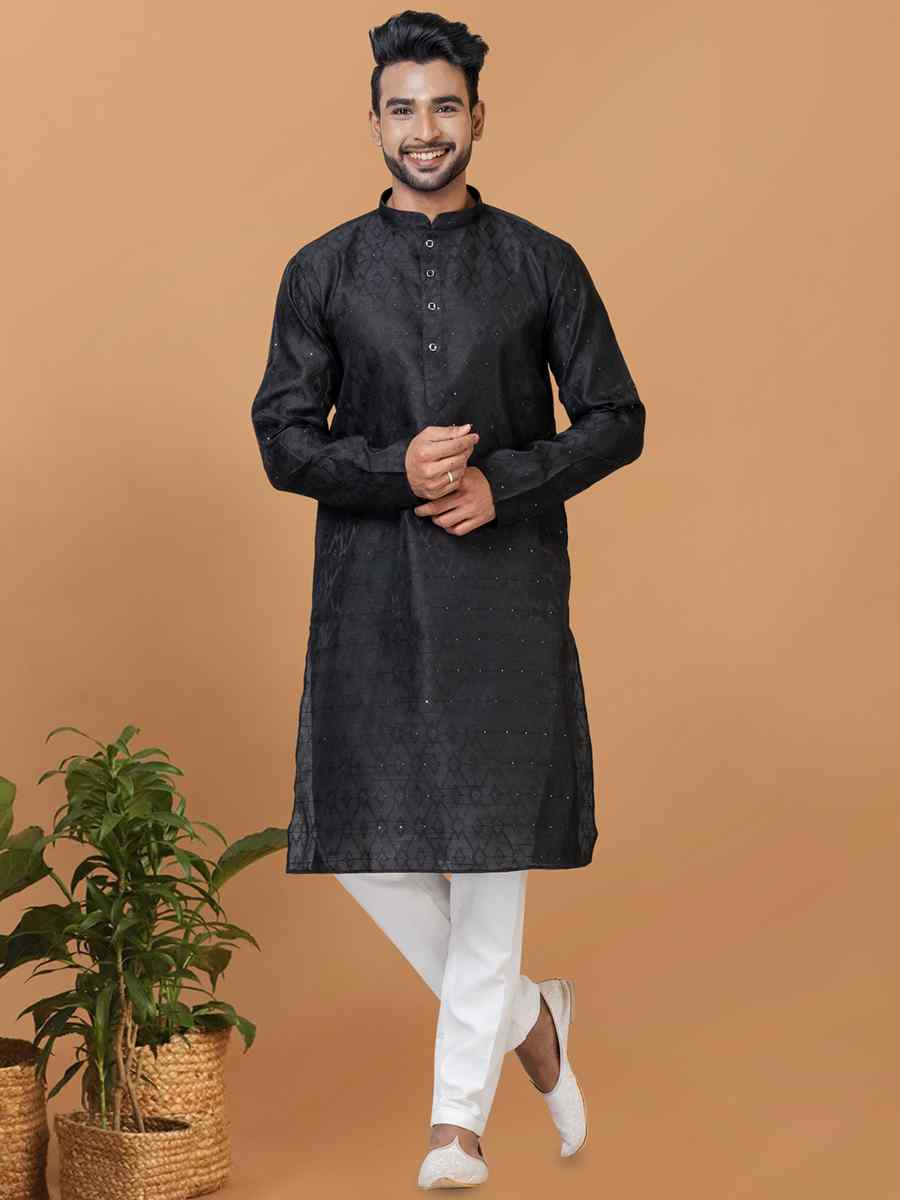 Black Silk Woven Festival Wedding Sherwani
