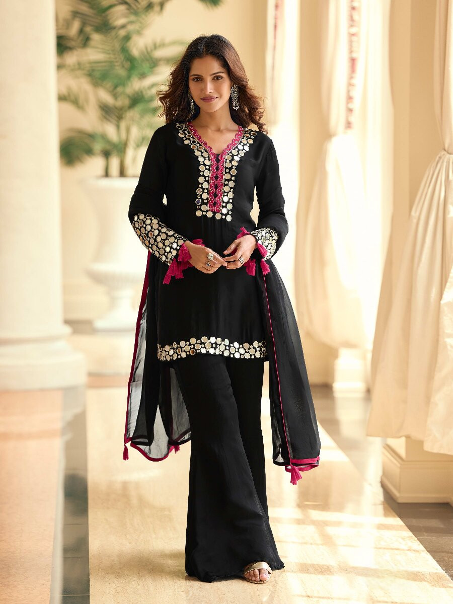 Black Simmer Mirror Work Wedding Party Festival Casual Ready Palazzo Pant Salwar Kameez